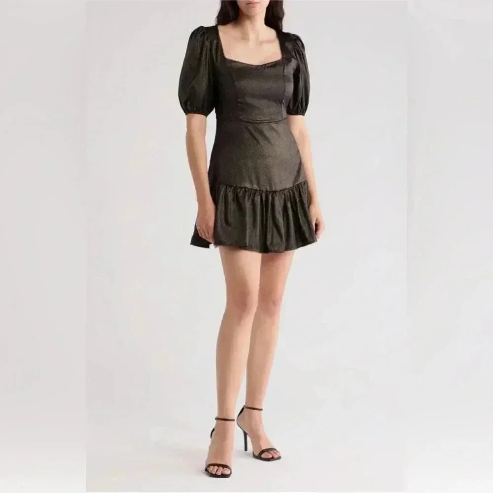 Rachel Parnell - Ruffle Puff Sleeve Black and Gold Dress Size 8